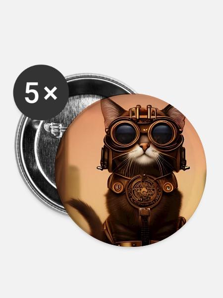 Katze Steampunk Style - Buttons mittel 32 mm (5er Pack) - Weiß