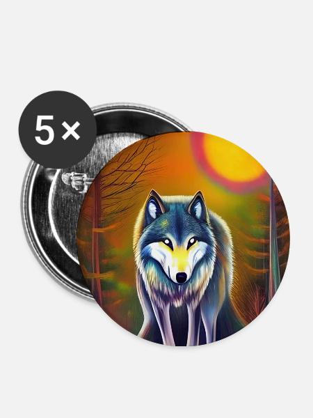 Wolf und Mond - Buttons mittel 32 mm (5er Pack) - Weiß