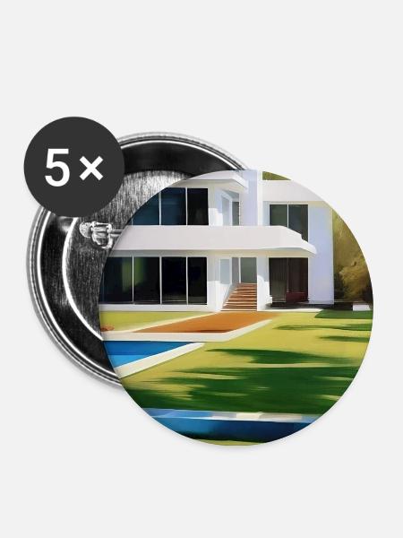 Weiße Villa mit Pool - Buttons mittel 32 mm (5er Pack) - Weiß
