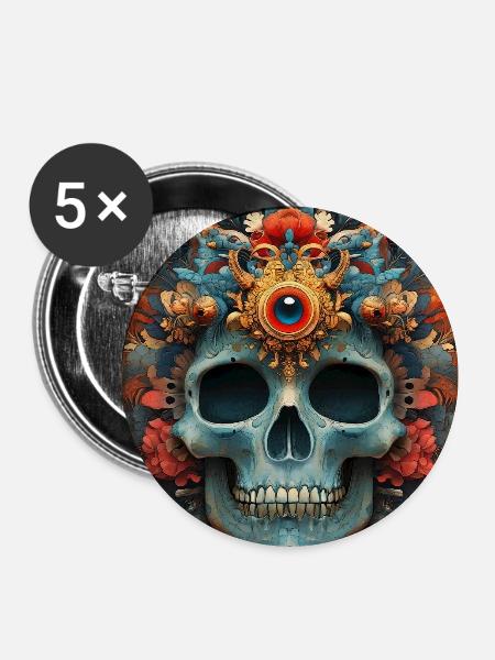 Blumenkrone-Schädel mit drittem Auge - Buttons mittel 32 mm (5er Pack) - Weiß