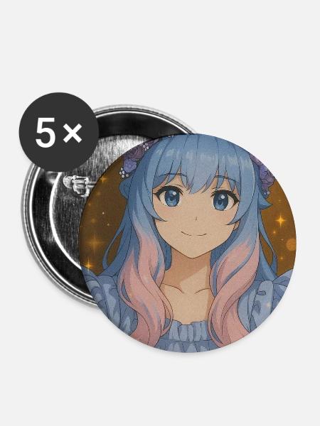 Blumenkrone Animefig mit Pastellhaar - Buttons mittel 32 mm (5er Pack) - Weiß