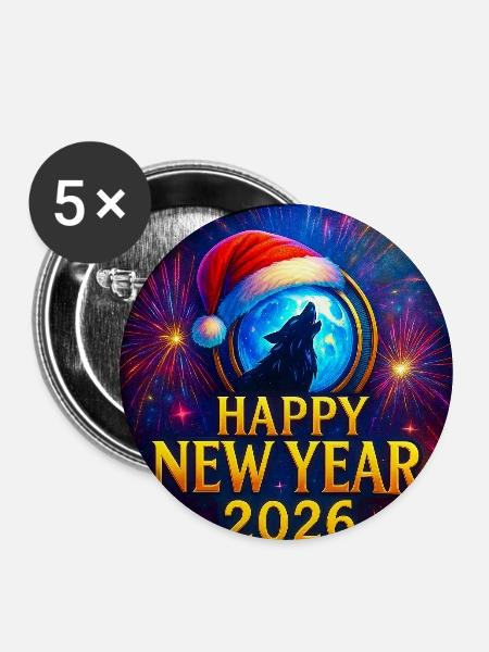 Winterwolf Neujahr 2026 - Buttons mittel 32 mm (5er Pack) - Weiß