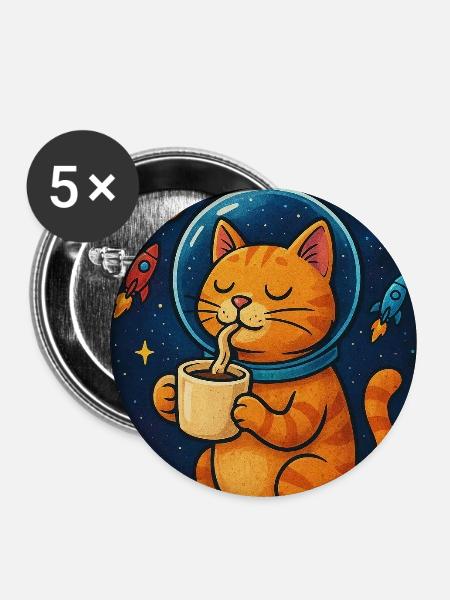 Katze im Raumanzug trinkt Kaffee - Buttons mittel 32 mm (5er Pack) - Weiß