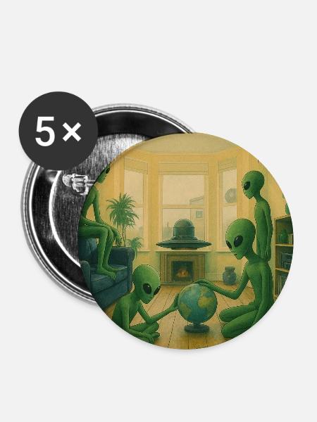 Grüne Aliens zu Hause bei Globe - Buttons mittel 32 mm (5er Pack) - Weiß