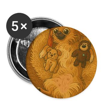 Mila Flauschiger Kuschelhund mit Spielzeugfreunden - Buttons mittel 32 mm (5er Pack) - Weiß - Vorne