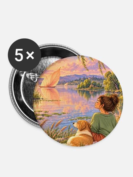 Frau und Hund am Traumsee - Buttons mittel 32 mm (5er Pack) - Weiß