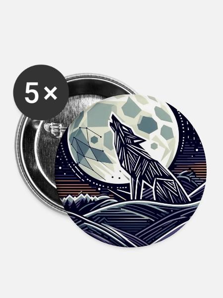 Geometrischer Wolf unter dem Mond - Buttons mittel 32 mm (5er Pack) - Weiß