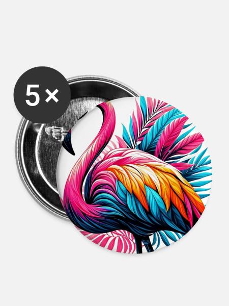 Rosa Flamingo - Buttons mittel 32 mm (5er Pack) - Weiß