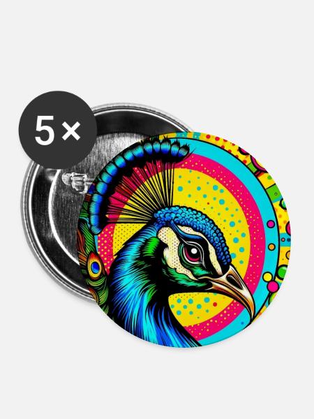 Pfau Pop Art - Buttons mittel 32 mm (5er Pack) - Weiß
