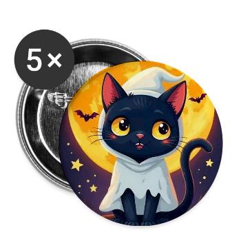 Mondschein-Katze im Geisterumhang - Buttons mittel 32 mm (5er Pack) - Weiß - Vorne