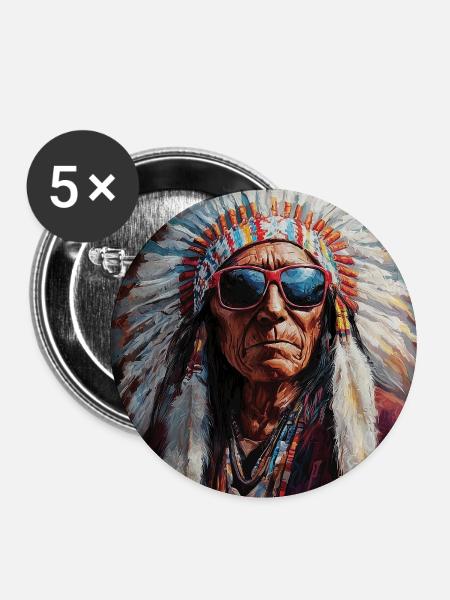 Indianer Häuptling mit Sonnenbrille - Buttons mittel 32 mm (5er Pack) - Weiß
