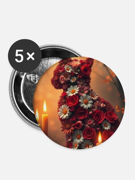 Romantische Blumen Katze - Buttons mittel 32 mm (5er Pack) - Weiß
