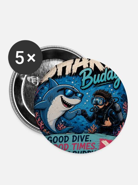 Shark Buddy Taucherabenteuer - Buttons mittel 32 mm (5er Pack) - Weiß