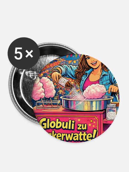 Globuli zu Zuckerwatte - Buttons mittel 32 mm (5er Pack) - Weiß