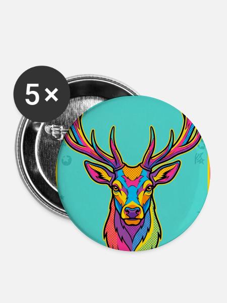 Hirsch Neon Pop-Art Kopf - Buttons mittel 32 mm (5er Pack) - Weiß