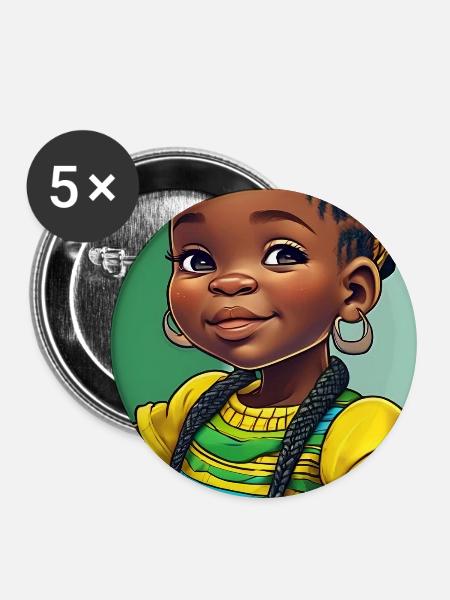 Buntes Afro-Kind in Zöpfen - Buttons mittel 32 mm (5er Pack) - Weiß