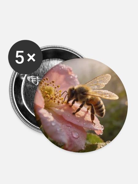 Morgenbiene auf Rosenblüte - Buttons mittel 32 mm (5er Pack) - Weiß