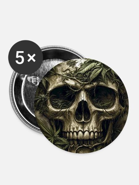 Schädel mit Hanfblättern - Buttons mittel 32 mm (5er Pack) - Weiß