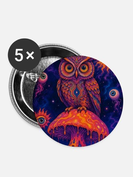 Psychedelische Eule auf Lavapilz - Buttons mittel 32 mm (5er Pack) - Weiß
