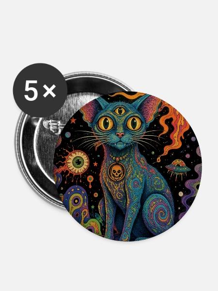 Kosmische Katze in Psychedelic Night - Buttons mittel 32 mm (5er Pack) - Weiß