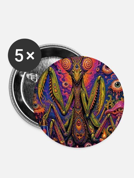 Kosmisch-psychedelische Gottesanbeterin in Neon-Orbit - Buttons mittel 32 mm (5er Pack) - Weiß