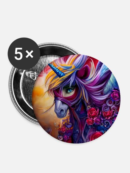 Wunderbares buntes Einhorn mit Blumen. - Buttons mittel 32 mm (5er Pack) - Weiß