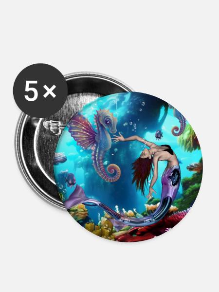 Wunderbare Meerjungfrau mit Seepferdchen - Buttons mittel 32 mm (5er Pack) - Weiß