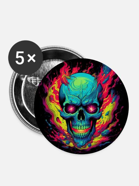 Neon Totenkopf Flammen - Buttons mittel 32 mm (5er Pack) - Weiß