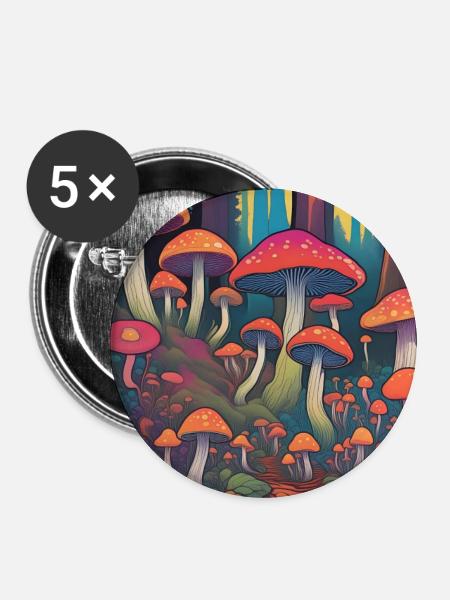 Bunte Pilze - Buttons mittel 32 mm (5er Pack) - Weiß