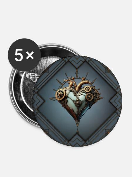 Faszinierendes Steampunk-Herz - Buttons mittel 32 mm (5er Pack) - Weiß
