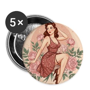 Retro Damen Figur mit Blüten und 50s Stil - Buttons mittel 32 mm (5er Pack) - Weiß - Vorne