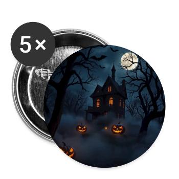 Maison hantée sous lune et citrouilles - Lot de 5 moyens badges (32 mm) - blanc - Devant