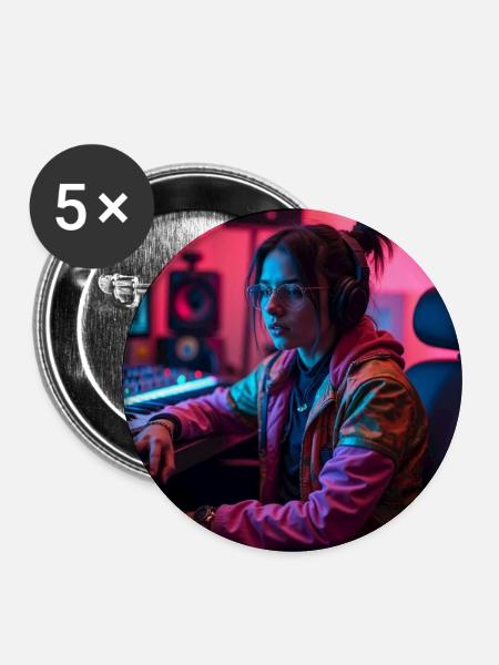 Cyber Neon Producer im Studio - Buttons mittel 32 mm (5er Pack) - Weiß