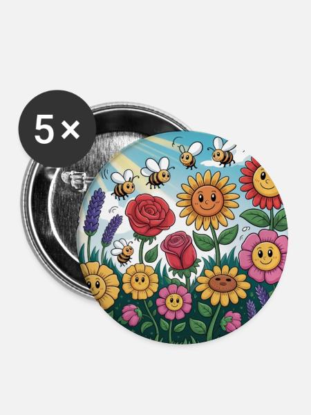 Sonnenblumengarten mit Biene - Buttons mittel 32 mm (5er Pack) - Weiß