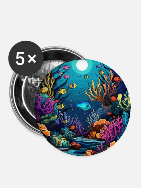 Korallenriff Unterwasserwelt - Buttons mittel 32 mm (5er Pack) - Weiß