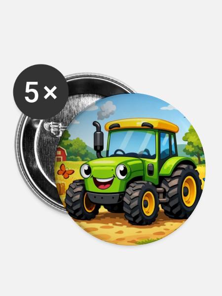 Fröhlicher Grüner Traktor auf Feld - Buttons mittel 32 mm (5er Pack) - Weiß