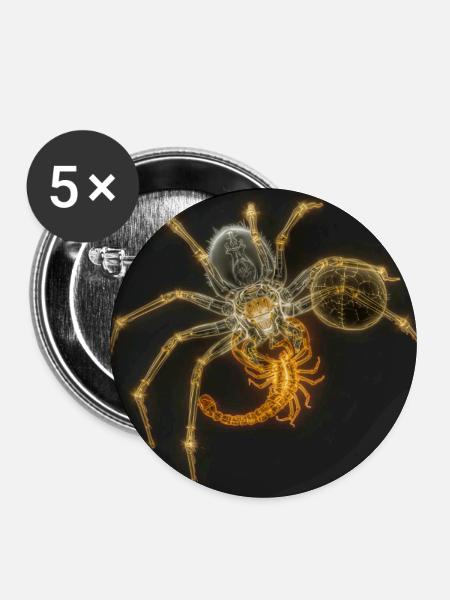 Neon-Spinne mit funky Tails - Buttons mittel 32 mm (5er Pack) - Weiß