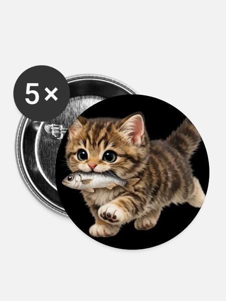 Kätzchen hat einen Fisch gefangen - Buttons mittel 32 mm (5er Pack) - Weiß