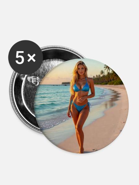 Blauer Bikini am Tropenstrand - Buttons mittel 32 mm (5er Pack) - Weiß