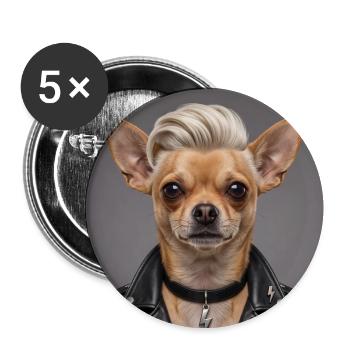 Rocker Chihuahua in Lederjacke - Buttons mittel 32 mm (5er Pack) - Weiß - Vorne