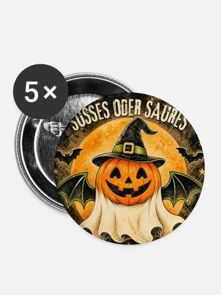 Süßes oder Saures Halloween-Kürbis - Buttons mittel 32 mm (5er Pack) - Weiß