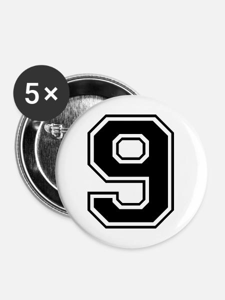 9 Nummer Rugby Fußball - Buttons mittel 32 mm (5er Pack) - Weiß