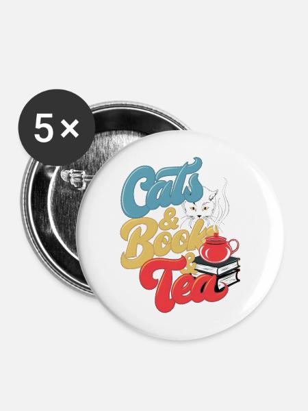 Katzen und Tee Druck - Buttons mittel 32 mm (5er Pack) - Weiß
