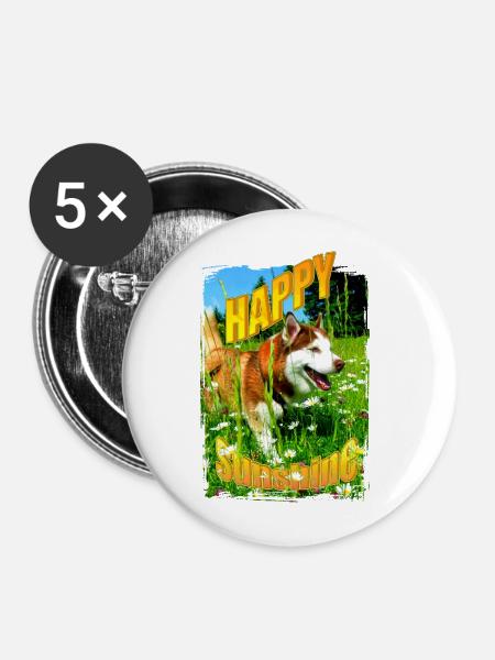 Fröhlicher Hund im Blumenfeld - Buttons mittel 32 mm (5er Pack) - Weiß
