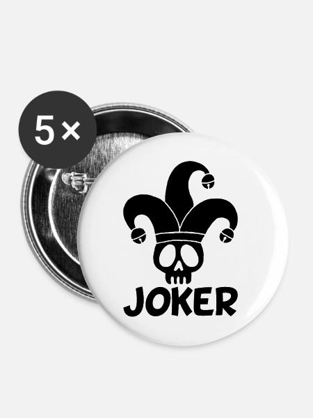 Schwarzer Joker Totenschädel - Buttons mittel 32 mm (5er Pack) - Weiß