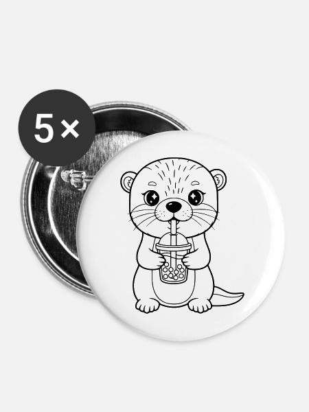 Otter mit Becher - Buttons mittel 32 mm (5er Pack) - Weiß