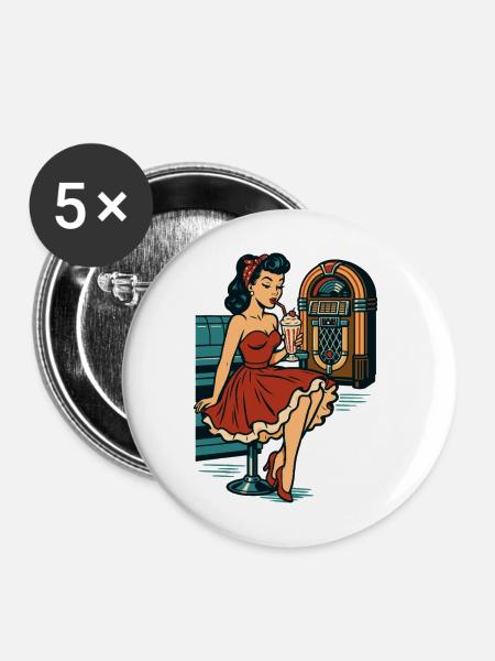 Rockabilly 50er Diner Milchshake Jukebox Retro  - Buttons mittel 32 mm (5er Pack) - Weiß