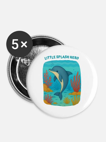 Spritzender Delfin-Held - Buttons mittel 32 mm (5er Pack) - Weiß