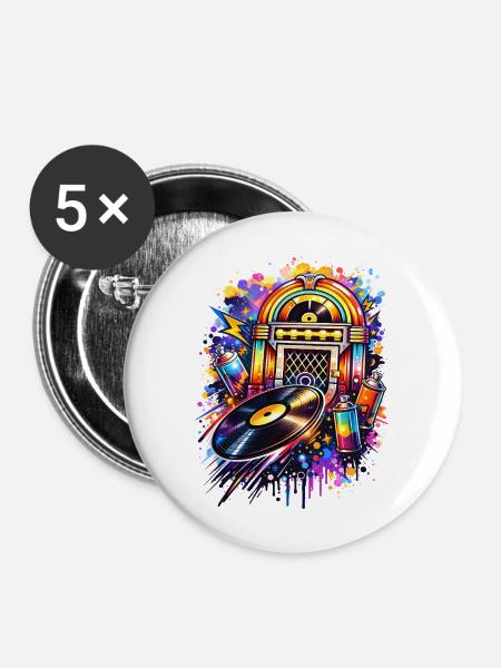 Bunte Jukebox im Graffiti-Style mit Schallplatte - Buttons mittel 32 mm (5er Pack) - Weiß