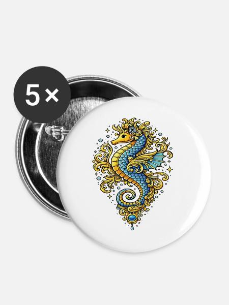 Blau-Gold-Barock-Seepferdchen – Marine-Illustration - Buttons mittel 32 mm (5er Pack) - Weiß